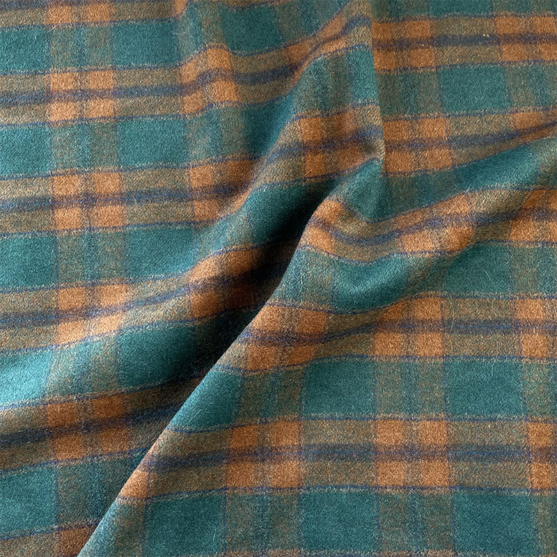 英伦复古墨绿棕色格纹短顺毛羊毛呢面料大衣风衣秋冬布料色织