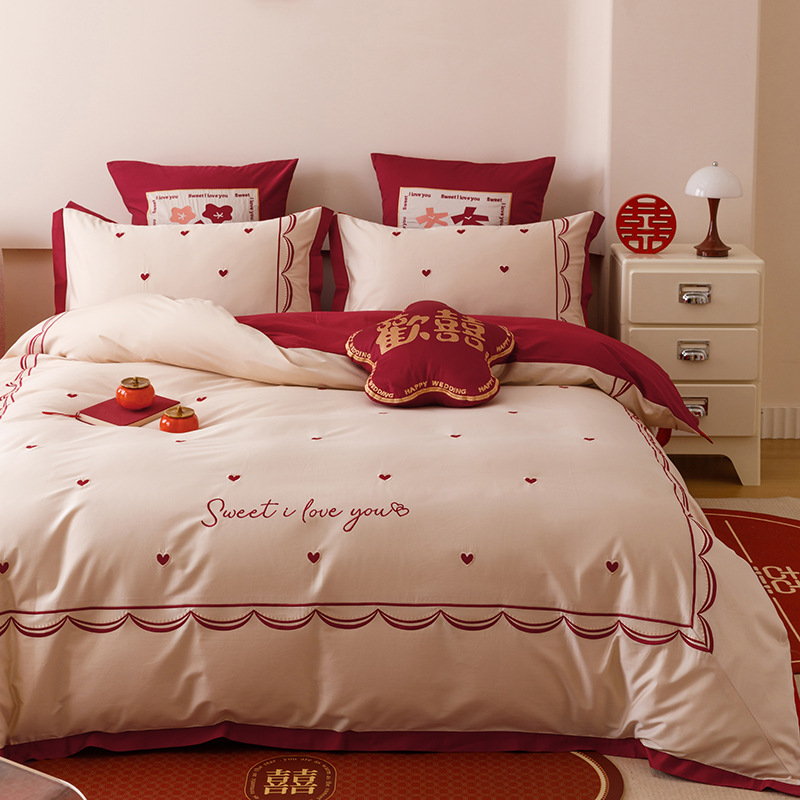 Chinas de alta gama algodón Jacquard cama de boda cuatro piezas de algodón sábanas rojas cubierta sábanas de boda