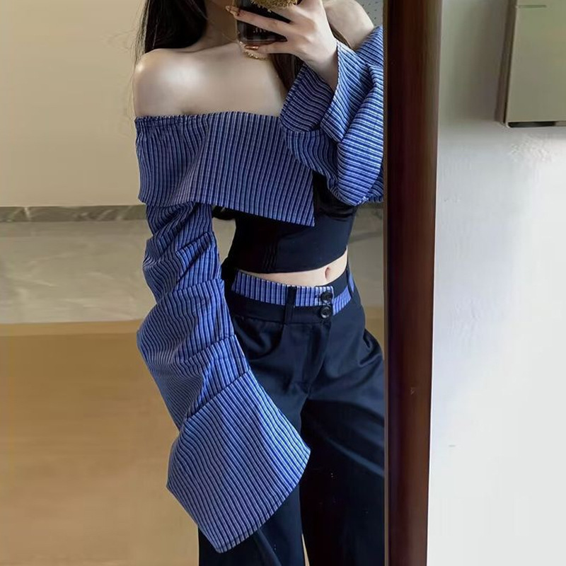 一字肩拼接上衣女装2025新款超好看韩版收腰宽松显瘦休闲裤两件套|undefined