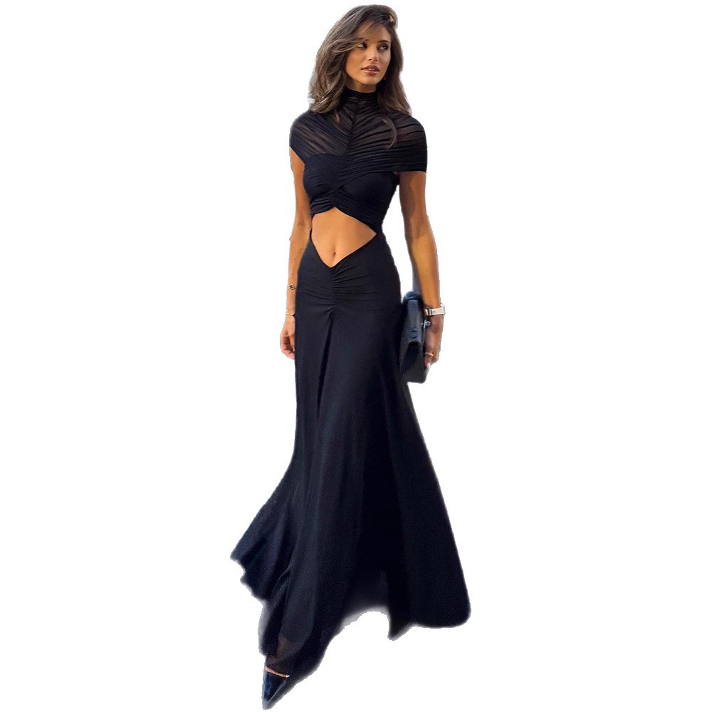 Women's Sexy Hollow Out Short Sleeve Mock Neck Ruched High Waist Floor Length Maxi Dress – Trendy Club Gown_ecoleips.com
