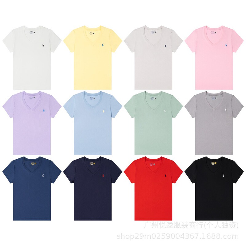 High-End Version Rl Ralph Lauren Logo Embroidered Slim-Fit Top Summer Casual Pure Cotton V-Neck Short-Sleeve T-Shirt