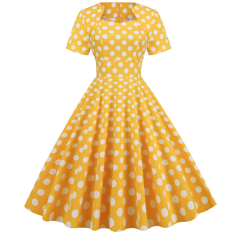 yellow polka dot bridesmaid dresses Prom party formal Evening singers stage performance gown for women girls morality short sleeve dresses Bateau Neckline Knee-Length Dress 30086 Size:Size 14 refined frame across the