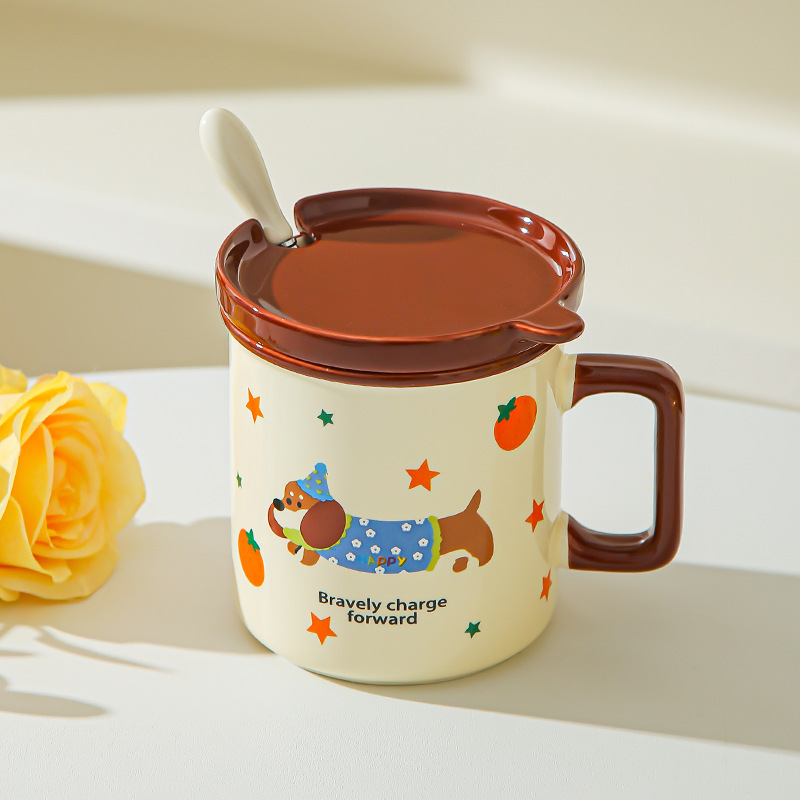 Cute cachorro de oficina taza de cerámica doméstica con cubierta cucharas de desayuno de estudiantes de niñas tazas de agua para beber tazas de café pareja
