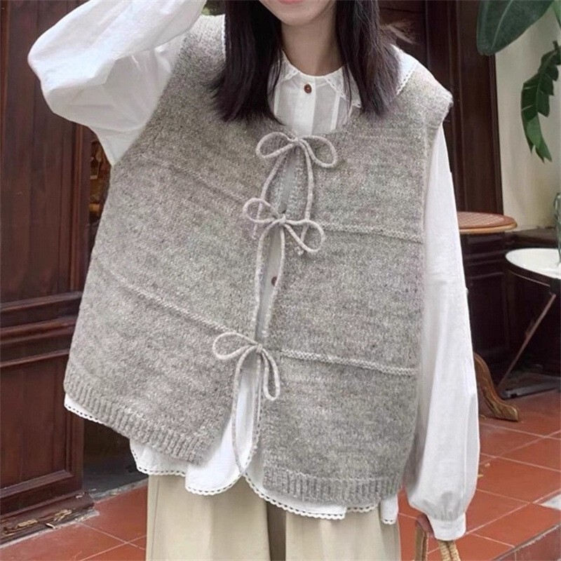 秋季清新学院风简约纯色系带针织开衫无袖坎肩马甲毛衣女百搭上衣|undefined