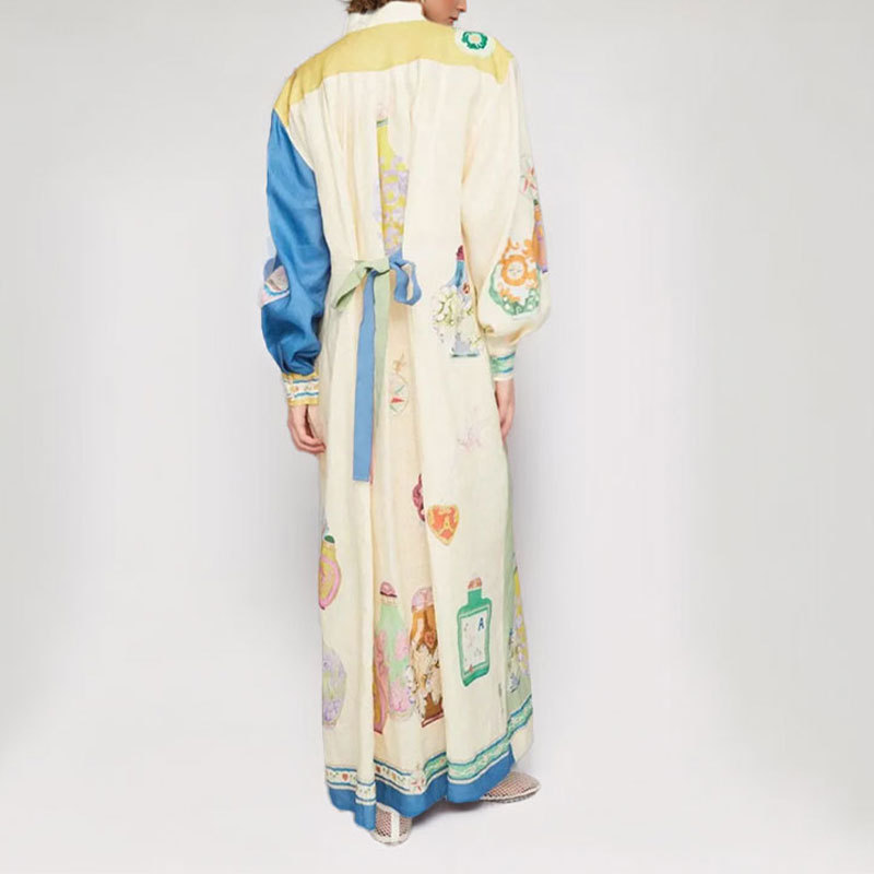 2025 AliExpress Ropa de mujer transfronteriza europea y americana nueva impresión de manga larga cintura temperamento elegante vestido de primavera con cuello en V image 5