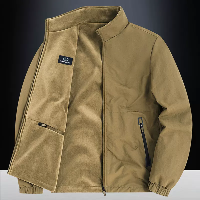 跨境秋冬新款男士加绒加厚双面穿立领夹克防风防水中老年保暖外套