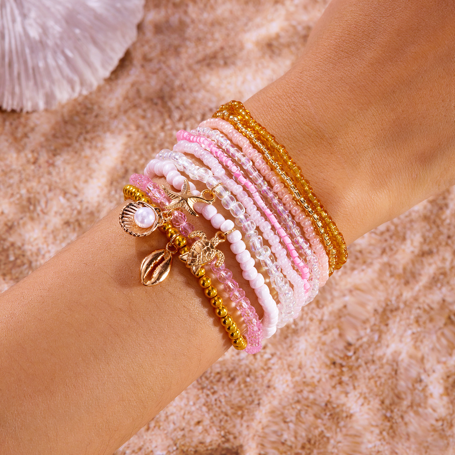 CCB, Alloy, Seed Bead Chain Material Modern Style Scallop Starfish Conch CCB Alloy Seed Bead Beaded Chain Stretch Adjustable Beaded Bracelets Wholesale