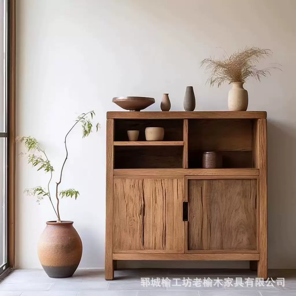 榆木柜子家用风化餐边柜靠墙储物柜中式复古茶柜抽屉多格实木柜