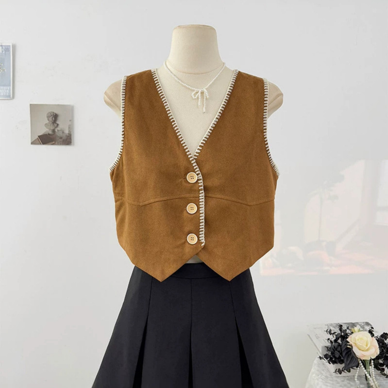 Retro brown pinstripe suit vest for women, spring French style outerwear, V-neck sleeveless short layered jacket/vest top