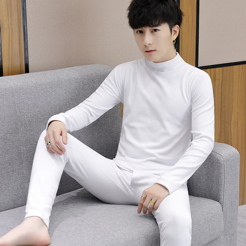 Men's Teen Middle-Aged Senior Half High Collar Double-Faced Fleece Warm Innerwear Base Set Top and Bottom Socks Autumn and Winter Set