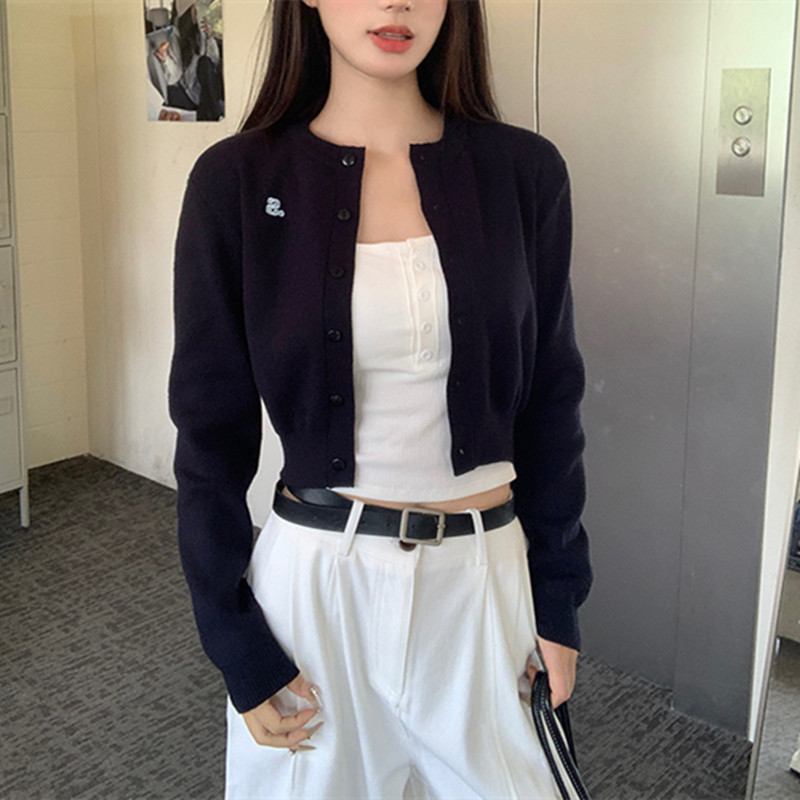 韩版黄色短款针织开衫外套女秋季圆领绣花毛衣外搭高级慵懒上衣|undefined
