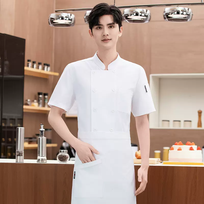 纯色薄款厨师服短袖透气酒店餐饮食堂厨房工作服男夏季烘焙女衣服