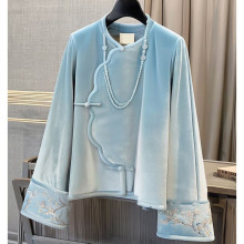 新中式中国风蓝色丝绒外套女装秋冬季新款高级袖口提花唐装上衣女