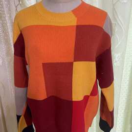 唐嫣同款格子拼色圆领针织衫毛衣女秋冬2024新款上衣潮