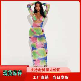 欧美新款分体比基尼泳衣女修身印花网纱长款罩衫三件套泳装防嗮