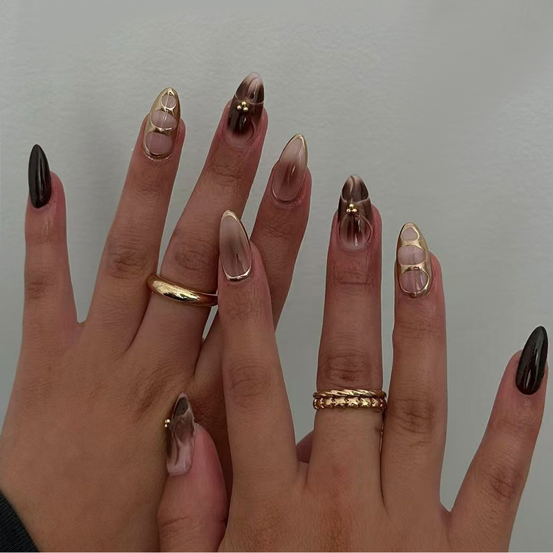 Cross-Border Autumn Detachable Wearable Nails Smudged with Flowers Almond Fake Nails Brown Wearable Nails Foreign Trade Wholesale