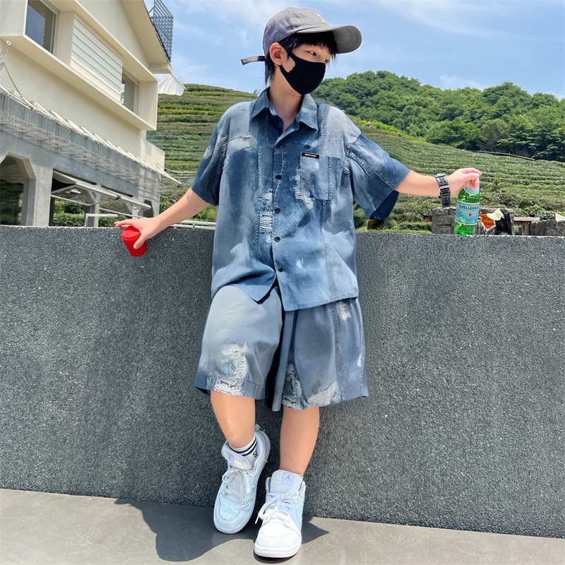 男の子の夏模造デニムアイスシルクスーツ薄い 2025 新しい夏クールスタイルシャツ半袖ショーツトレンディ|undefined