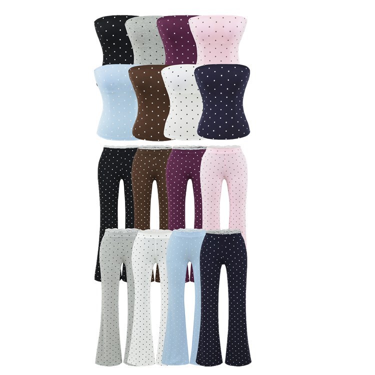 Polka Dot Tube Top Slim Fit Top Elastic Casual Flared Pants Set for Women Spring and Summer Thin Vest Lace Yoga Pants Polka Dot Tube Top Slim Fit Top Elastic Casual Flared Pants Set for Women Spring and Summer Thin Vest Lace Yoga Pants