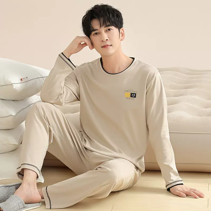 长袖睡衣男秋冬纯棉套头休闲宽松大码套装青少年男士全棉家居服