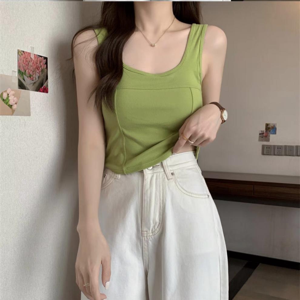 Pure cotton mini tank top, wide-shoulder halter top, beautiful back, simple inner layer and outer layer, one-piece fitted top with chest pad, underwear for women pic 19