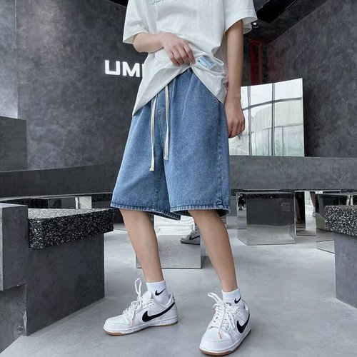 Men's Summer Thin Blue Denim Shorts, Straight Leg, Washed, Trendy Brand, Instagram Style, Loose Five-Pocket Pants