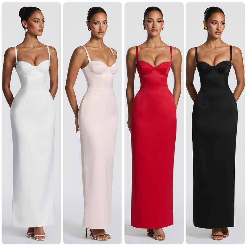 Solid Color Three-Dimensional Cup-Shaped Strapless Gown, Long Dress with High Elasticity, Body-Shaping, Slim Fit, Hip-Hugging, Straight Dress for Weddings and Evening Events