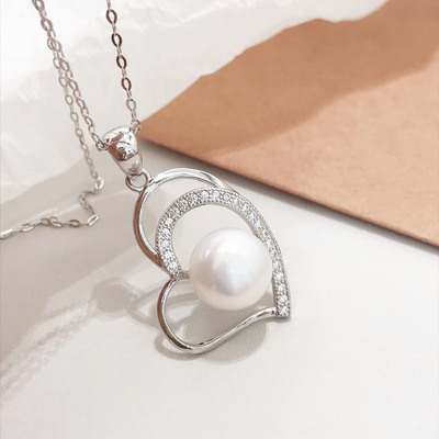 S925 Sterling Silver freshwater Pearl Pendant heart-shaped Retro fashion Necklace suit gift Send mom wholesale