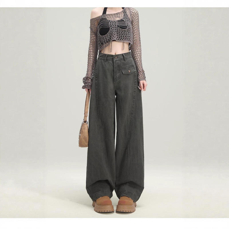 Army Green Cargo Jeans for Women, Popular 2025 New Autumn High-Waisted Slimming Loose Wide-Leg Pants, Autumn and Winter Clothing