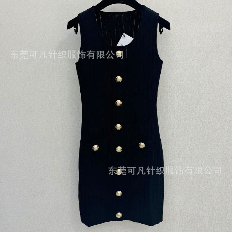 Balmain knitted vest dress, elegant and slimming, round-neck vest dress for women with metal buckle