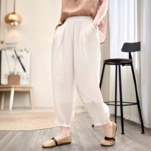 新品时尚盘扣设计小脚裤麻裤复古砂洗苎麻哈伦裤