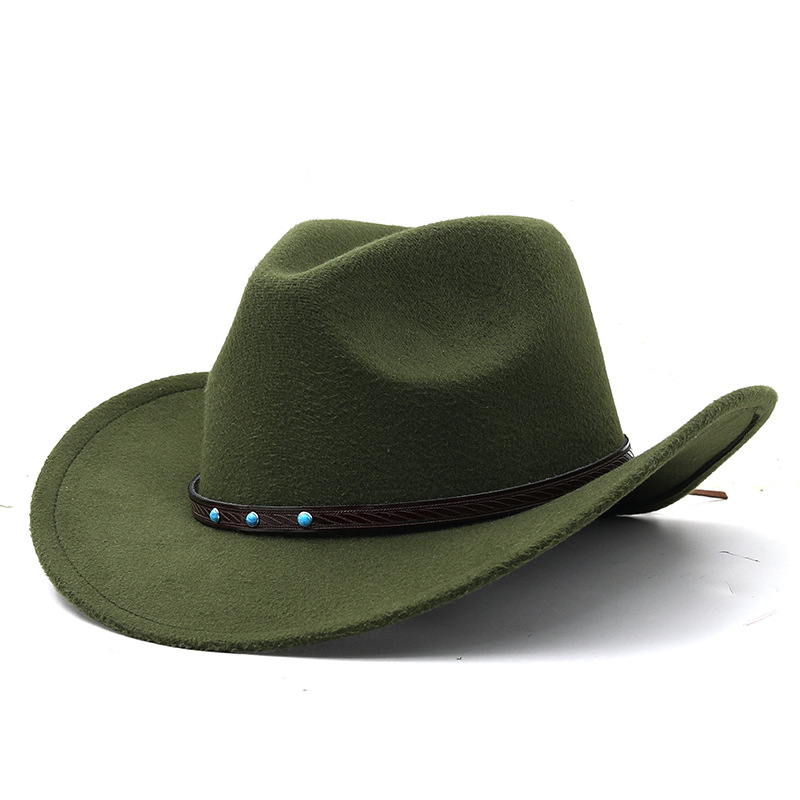 Cappello unisex semplice deformato cappello jazz in lana cappello a cilindro blu turchese cintura tinta unita cappello da cowboy western_voghion.com