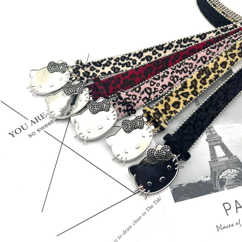 New Leopard Print Horse Hair Series Belt KT Cat Head Black Diamond Buckle Belt for Women Y2K Jeans Skirt Accessories All-match New Leopard Print Horse Hair Series Belt KT Cat Head Black Diamond Buckle Belt for Women Y2K Jeans Skirt Accessories All-match