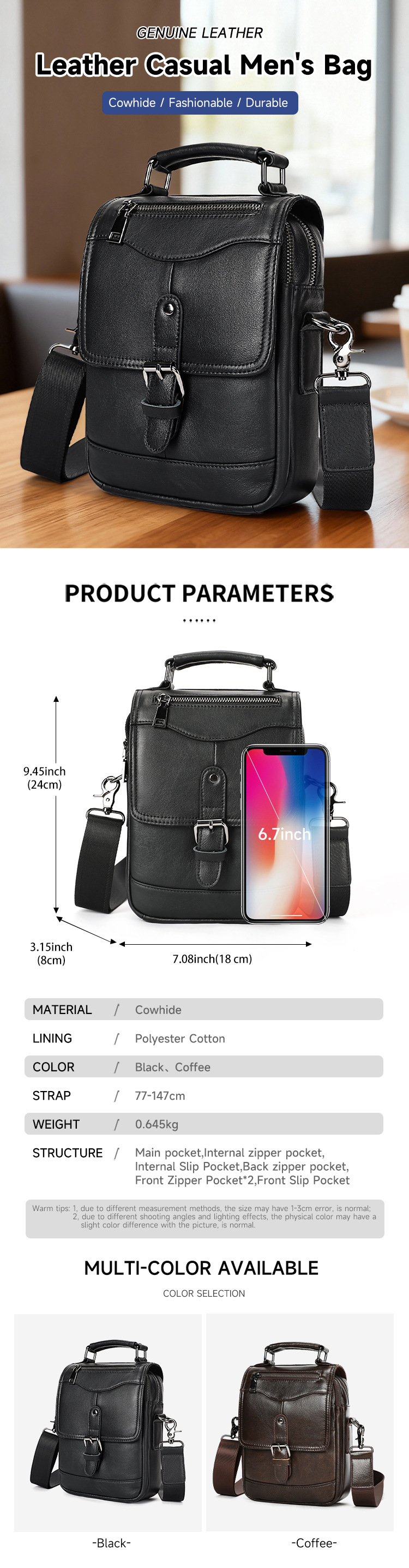 Túi đeo chéo nam da thật phong cách cổ điển, đeo vai dọc cao cấp — màu đen, 18cm*8cm*24cm chi tiết 11