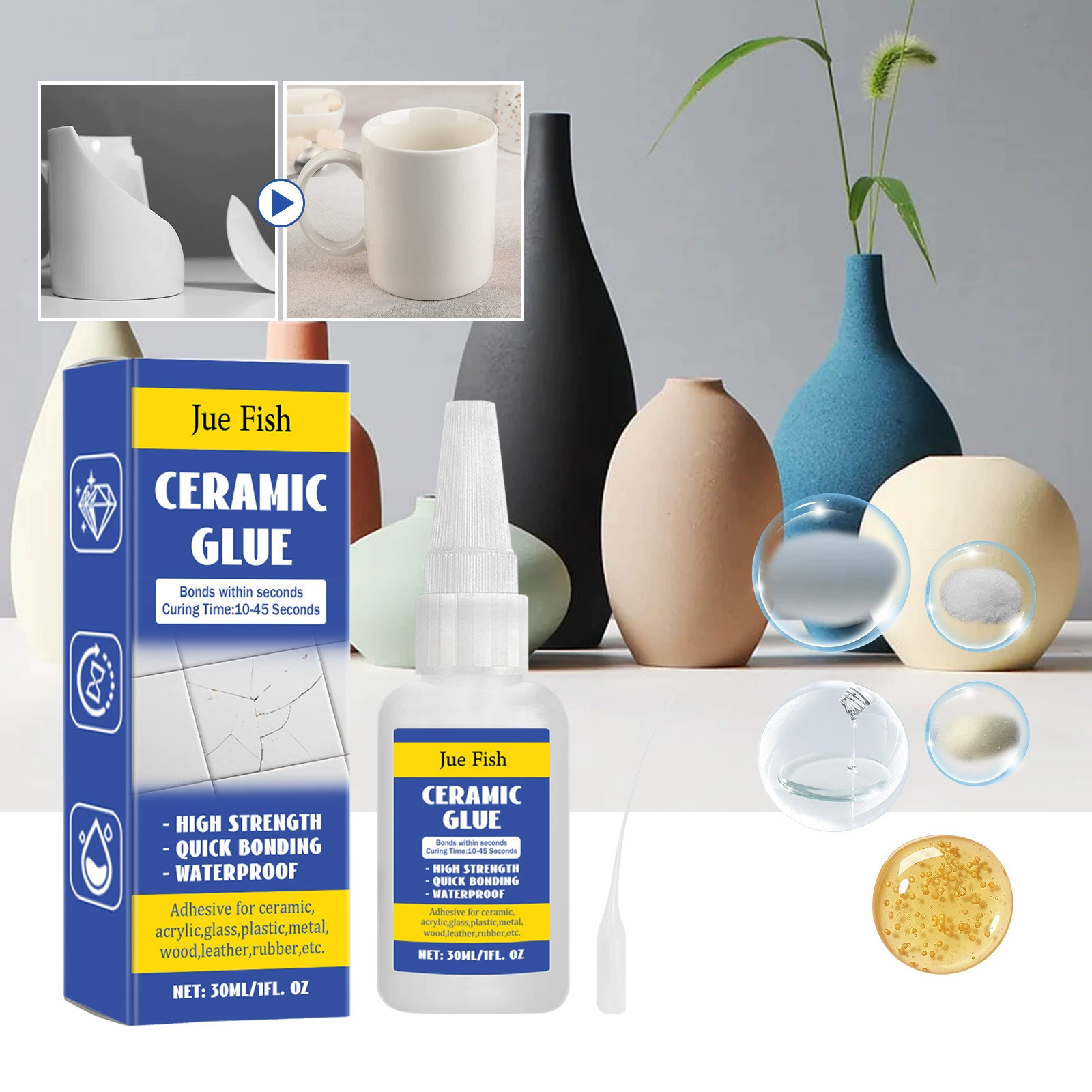 Jue Fish Керамический ремонтный клей Домашний фарфор Быстрый ремонт керамических трещин сломанный многофункциональный ремонтный клей