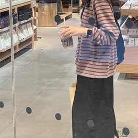 韩系慵懒风条纹长袖T恤女秋冬季新款圆领宽松复古休闲打底衫上衣