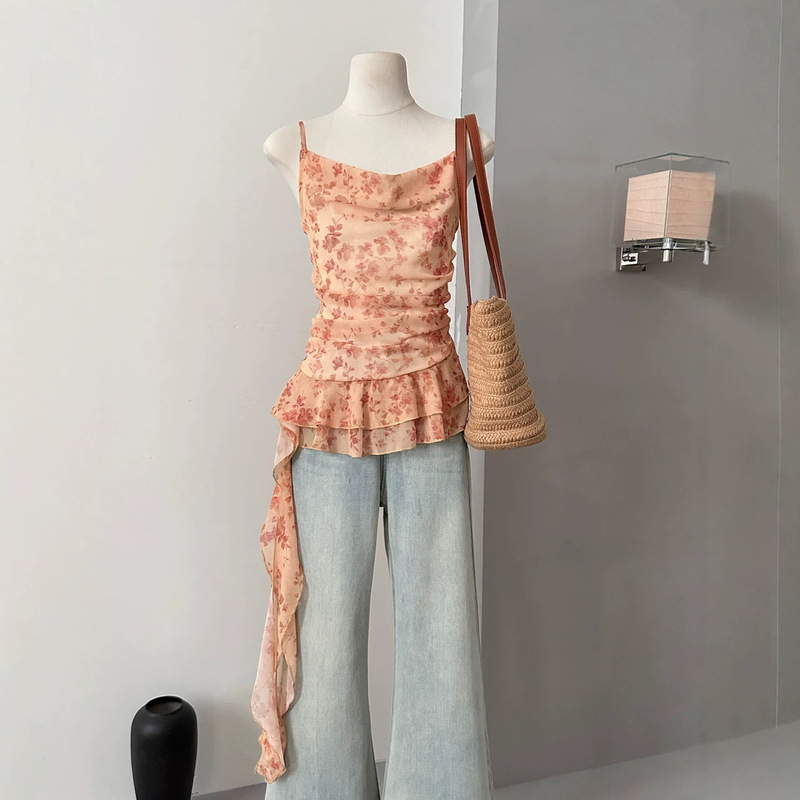Ruoxin Camisole with Draped Collar, Ruffled Edges, Elegant Short Camisole, Summer 2026 Chiffon Ruffle Top
