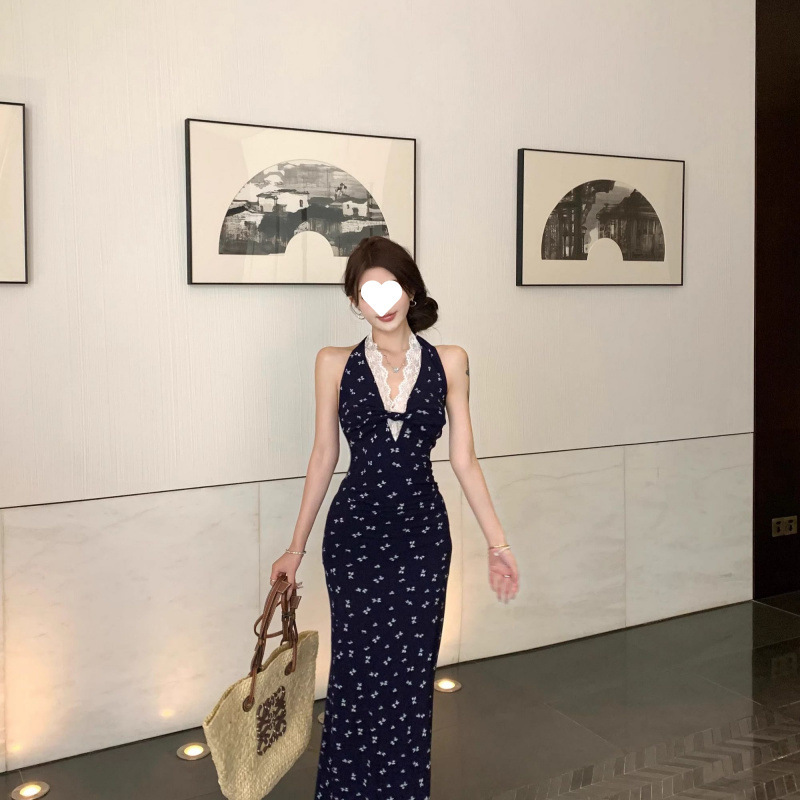 Lace Patchwork Floral V-Neck Halter Dress for Women, Summer Dark Blue Fishtail Skirt, Figure-Flattering Bodycon Long Dress Lace Patchwork Floral V-Neck Halter Dress for Women, Summer Dark Blue Fishtail Skirt, Figure-Flattering Bodycon Long Dress