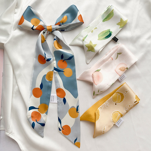 Korean version of the new Internet celebrity ribbon headband fashion silk scarf fruit French retro small square scarf printed soft decoration for women