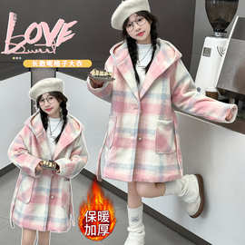 女童冬季加厚大衣2025新款儿童休闲韩版加厚保暖格子中长款呢大衣