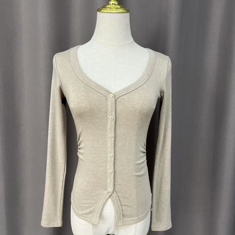 2025 Autumn/Winter New Peach Heart Collar Button T-Shirt for Women, Ruched Base Layer Fake Cardigan Slim Fit Top with Waist-Cinching Buttons 2025 Autumn/Winter New Peach Heart Collar Button T-Shirt for Women, Ruched Base Layer Fake Cardigan Slim Fit Top with Waist-Cinching Buttons