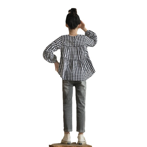 Japanese-style literary long-sleeved doll shirt, cotton, autumn and winter, medium and large women's children, black and white checkered top, loose, petite shirt, cross-border