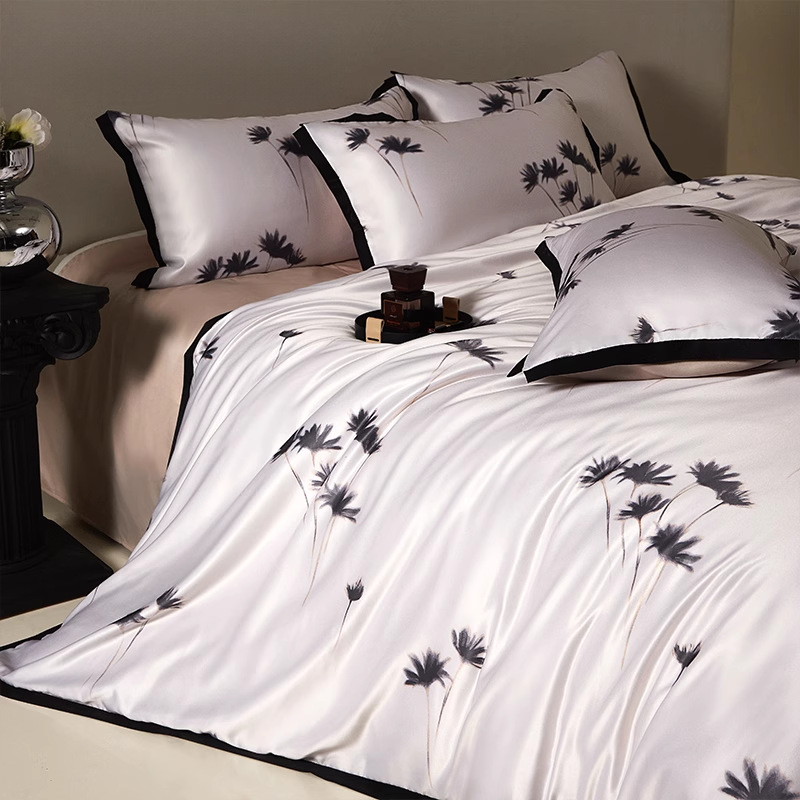 Juego de seda de hielo de cuatro piezas de verano sedoso desnudo edredón ligero de lujo de alta calidad ropa de cama lavada juego de tres piezas de cama