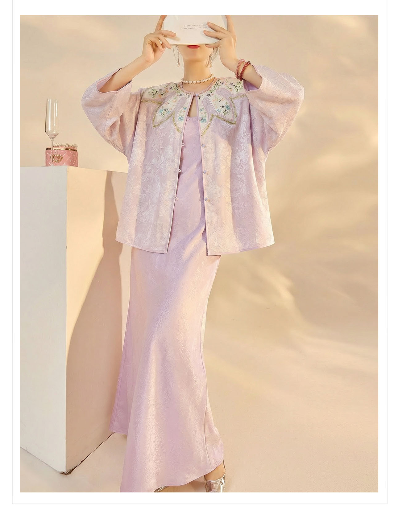Áo sơ mi nữ thêu hoa kiểu Trung Hoa mới, phong cách cổ điển, nút áo jacquard sang trọng — màu tím nhạt chi tiết 17