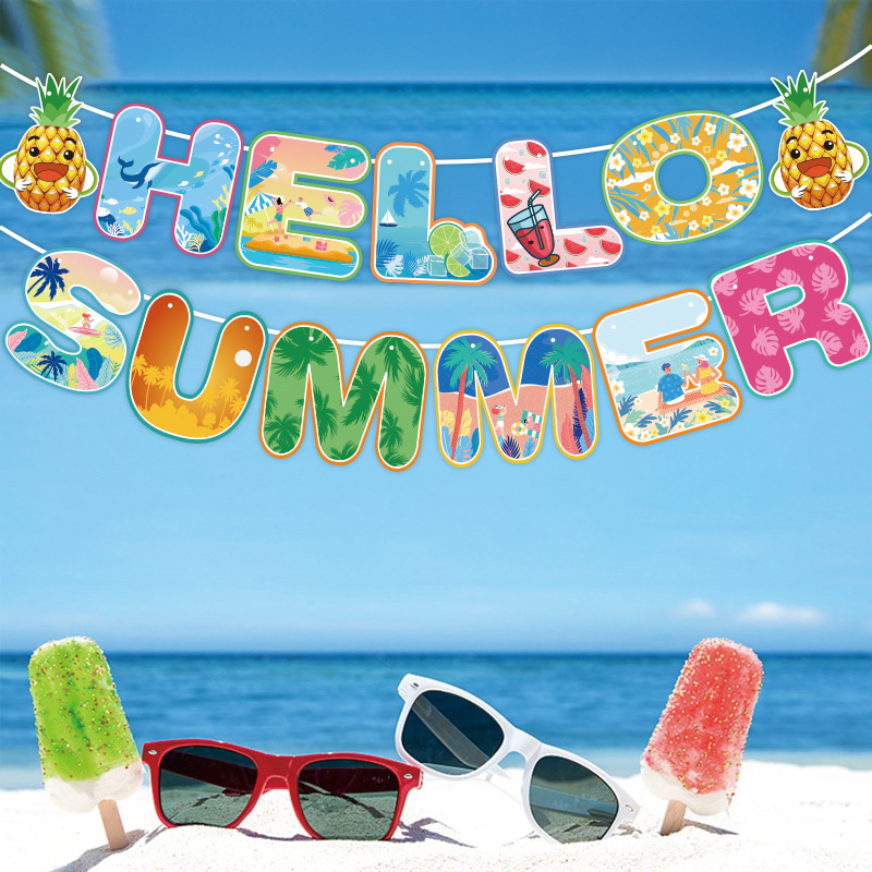 跨境夏日冲浪派对装饰夏威夷海边气氛装饰横幅拉旗拉花场地布置