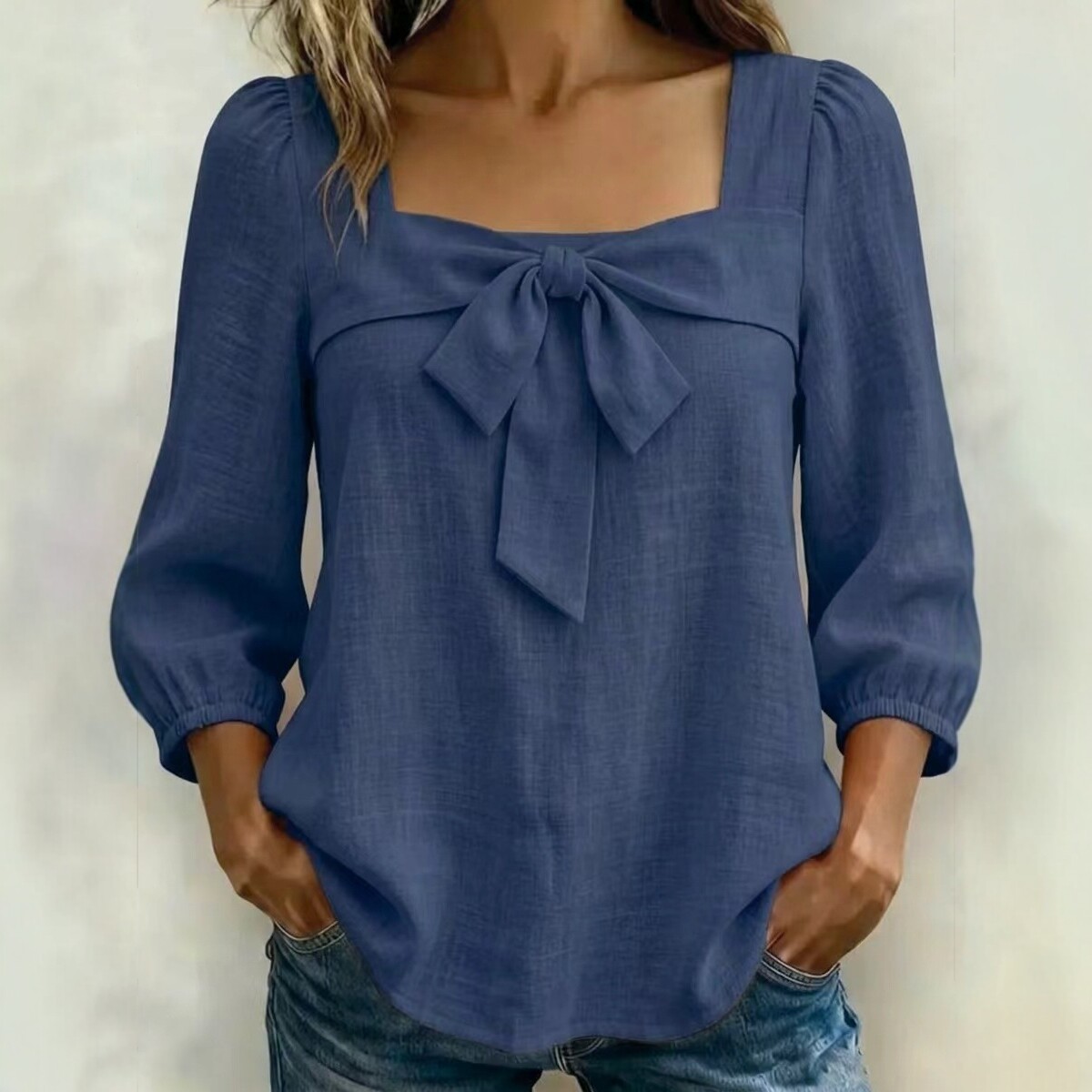 Women's Clothing Women's Style Square Neck Blouse Bow Tie Top Puff Sleeves Three Quarter Length Elegant Outfit_ecoleips.com