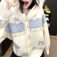 2025甜美日系温柔秋冬针织开衫撞色提花上衣宽松加厚慵懒风外套潮