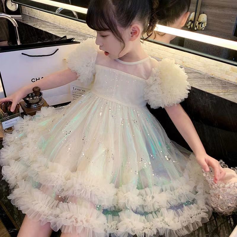 Summer Dress for Girls 2024 New Arrival Mermaid-inspired Netting Princess Dress Trendy Short-sleeve Skirt
