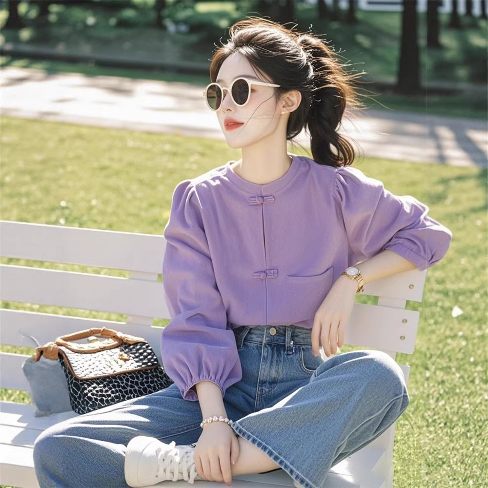 Áo sơ mi nữ tay dài cổ tròn phong cách Trung Hoa, khuy cài kiểu, dáng suông basic — màu tím chi tiết 2