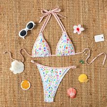 新款欧美外贸系绳性感比基尼热卖套装小清新拉边印花女士分体泳装