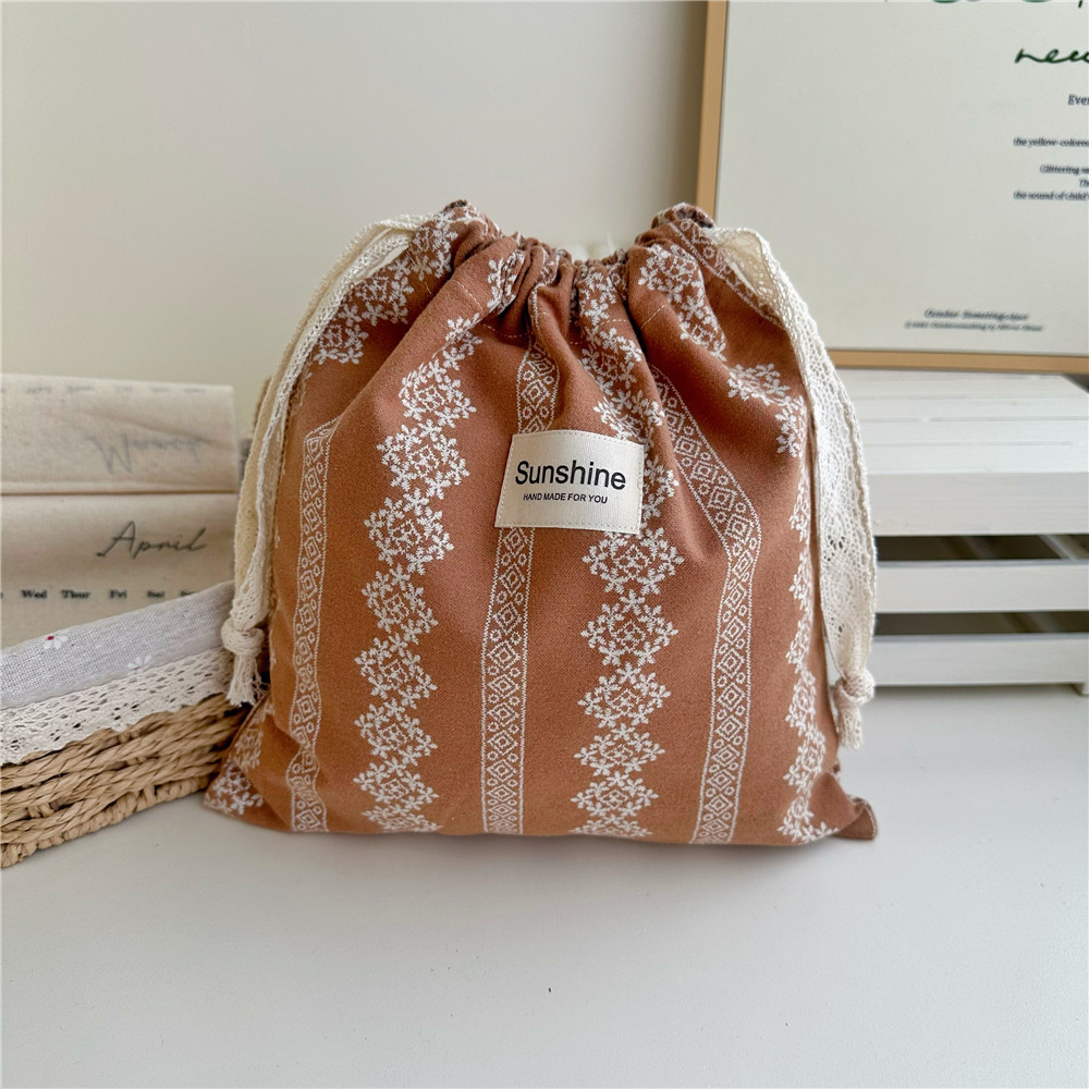 Ins estilo mori algodón cepillado color tierra floral bolsa de cordón clasificación en el hogar bolsa de almacenamiento bolsa de viaje grande